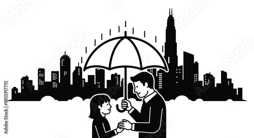 Caring individual shields another from rain under an umbrella amidst a city skyline silhouette