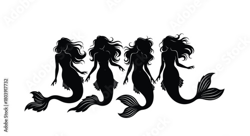 Mystical mermaids with flowing hair and ornate tails swimming gracefully