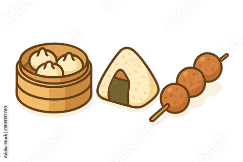 Asian street food set featuring steamed dumplings rice ball and meatball skewer