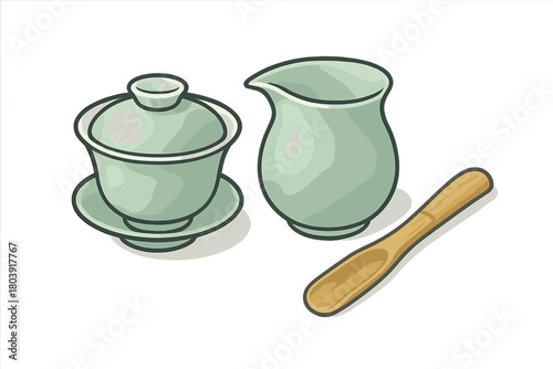 Traditional Chinese tea ceremony set including a gaiwan, fairness cup, and wooden scoop in celadon green