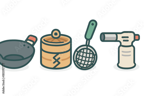 Wok pan, bamboo steamer, spider strainer, and kitchen butane torch set