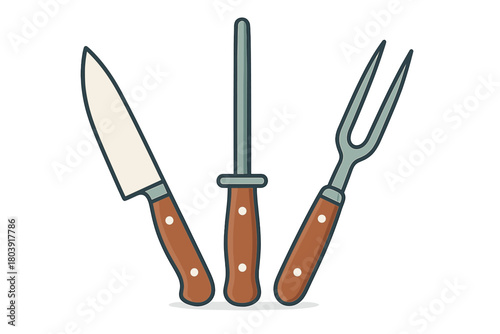 Professional kitchen carving set with knife, honing steel, and serving fork