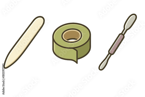 Essential tools for bookbinding and crafting including bone folder, tape, and spatula