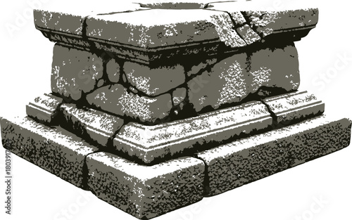 Weathered stone pedestal with moss growing in cracks against a white backdrop