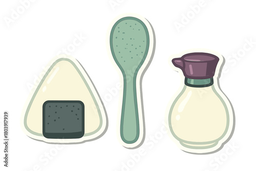 Japanese onigiri rice ball, serving spoon, and soy sauce dispenser sticker collection