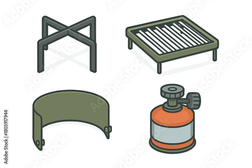 Essential outdoor cooking equipment set including gas burner, grill, pot support, and wind shield