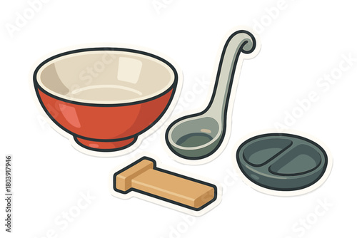 Kitchen and dining set featuring bowl, ladle, chopstick rest, and dipping dish