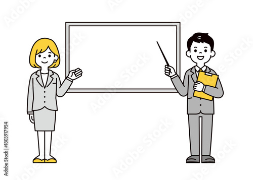 ホワイトボードと、指示棒で説明するスーツ姿の若い男性と女性の全身ベクターイラスト素材
