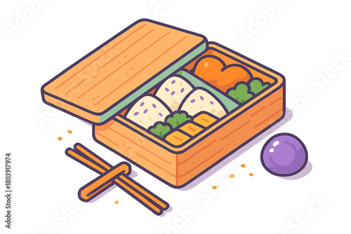 Traditional Japanese bento lunch box filled with rice balls and various side dishes in isometric view
