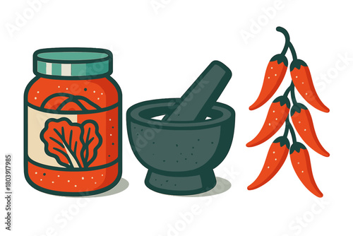 Korean kimchi jar, grinding mortar and pestle, and dried red chili peppers