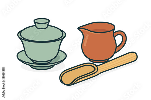 Traditional Chinese tea ceremony utensils set including gaiwan, fairness cup, and wooden scoop