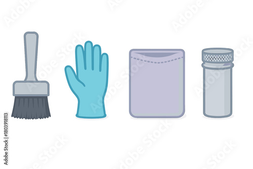 Set of essential cleaning and maintenance tools including brush, protective glove, wipes, and container