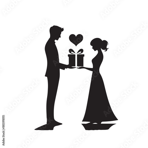 Couple exchanging a gift silhouette