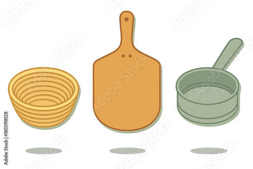 Essential tools for homemade bread baking: proofing basket, wooden peel, and flour sifter