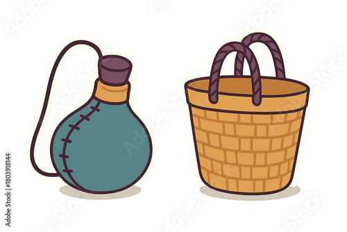 Traditional woven picnic basket and old-fashioned canteen flask isolated on white background