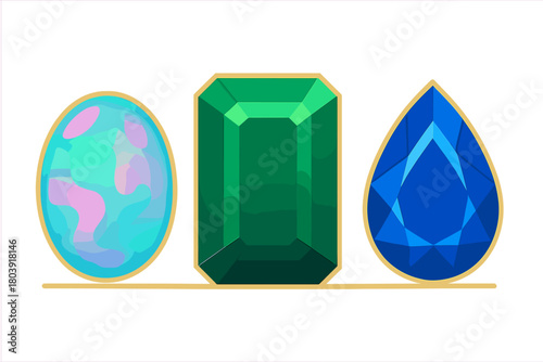 Iridescent opal, faceted emerald, and brilliant blue sapphire gems set in gold