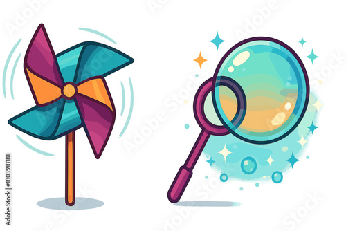 Brightly colored spinning pinwheel and a bubble wand creating a large iridescent soap bubble