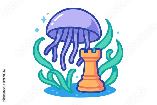 Purple jellyfish floating above an orange chess rook surrounded by green aquatic plants
