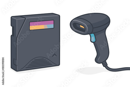 Handheld electronic barcode scanner device next to a vintage data storage cartridge with gradient label