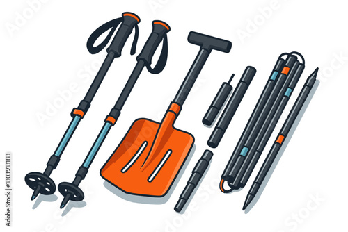 Orange avalanche shovel and trekking poles, essential winter outdoor safety equipment