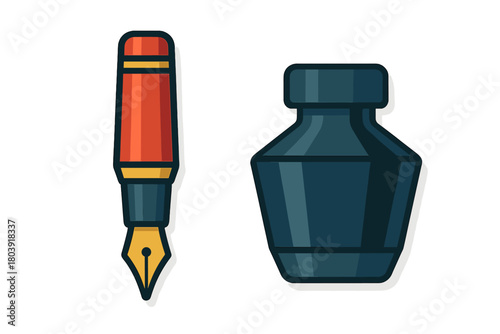 Stylized fountain pen with golden nib next to a vintage dark ink bottle