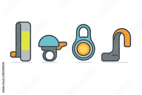 Colorful set of bicycle accessories including bell reflector and mounting hook for cycling safety