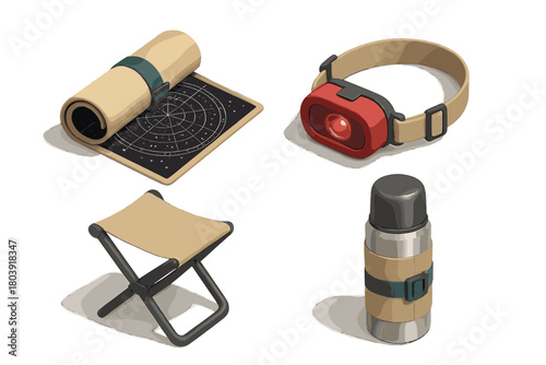 Essential items for outdoor exploration and camping like a rolled star map, bright headlamp, collapsible stool, and insulated bottle