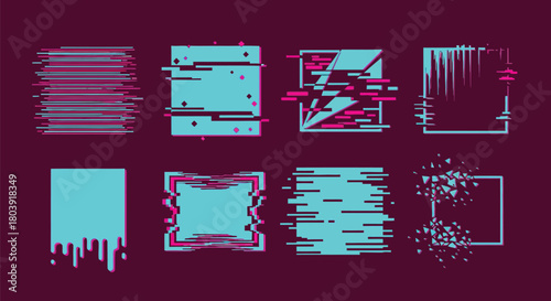 Abstract digital glitch effects and frames with vibrant teal and magenta accents on dark background