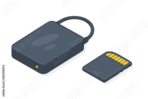 Portable external hard drive and SD memory card representing digital data storage and backup