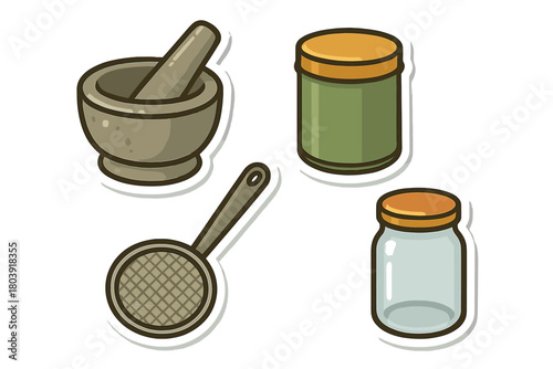 Kitchen utensils set including mortar pestle spice jar storage container and strainer