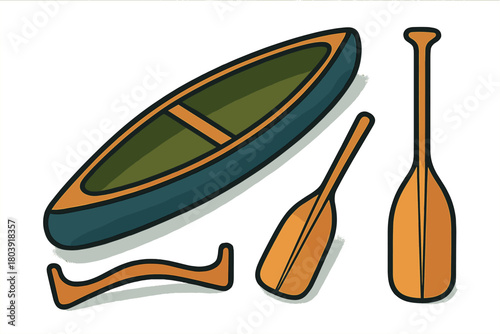 Traditional open canoe and set of paddles for river travel and lake exploration
