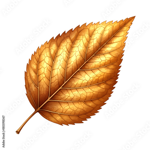 Golden autumn leaf with intricate veining and serrated edge isolated on a transparent background yellow