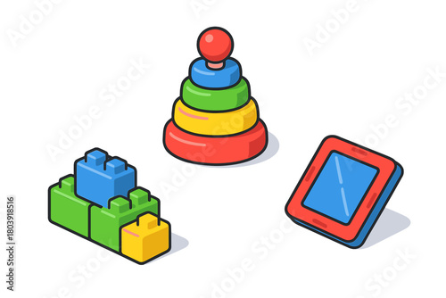Colorful collection of classic children's toys including stacking rings, building blocks, and a screen toy in isometric view
