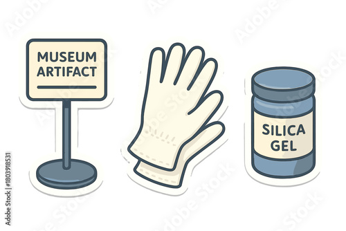 Museum preservation icons set: artifact sign, protective gloves, and silica gel container