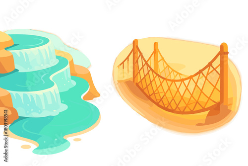 A beautiful tiered waterfall cascading into a pool and a suspended rope bridge