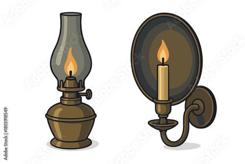 Vintage kerosene oil lamp and antique brass candle wall sconce lighting set