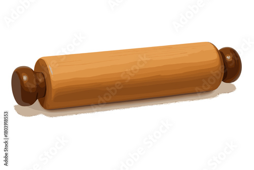 Traditional wooden rolling pin with dark handles isolated on a clean white background