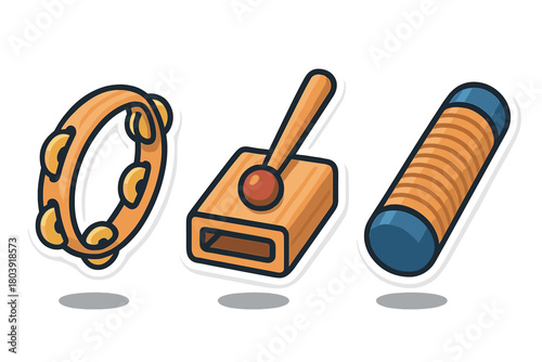 Set of musical percussion instruments including tambourine, wood block, and guiro