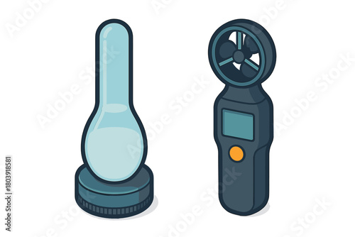 Digital anemometer and laboratory flask scientific measurement instruments set