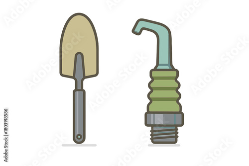 Essential gardening tools set featuring a hand trowel and a water sprayer nozzle attachment