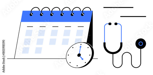 Calendar with highlighted days, clock indicating time, and stethoscope symbolizing healthcare. Ideal for scheduling, time management, medicine, organization, planning, patient care and punctuality