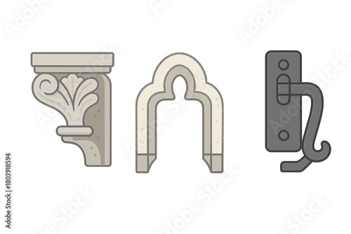 Historical architectural elements including corbel, pointed arch, and window latch hardware