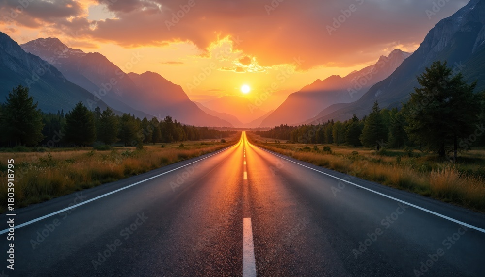 Obraz premium Road extends into a sunset. Mountains and green trees frame the highway. The sky glows with warm orange light. A scenic drive, travel adventure concept.