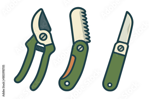 Essential gardening tools set featuring pruning shears folding saw and utility knife