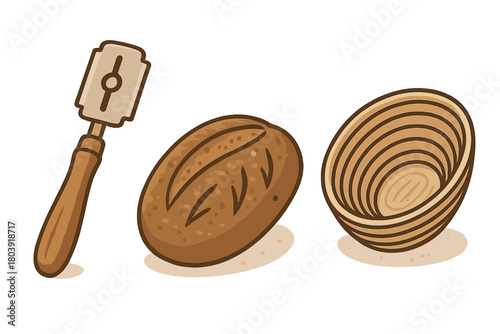 Artisan sourdough bread baking tools including a lame, loaf, and banneton basket