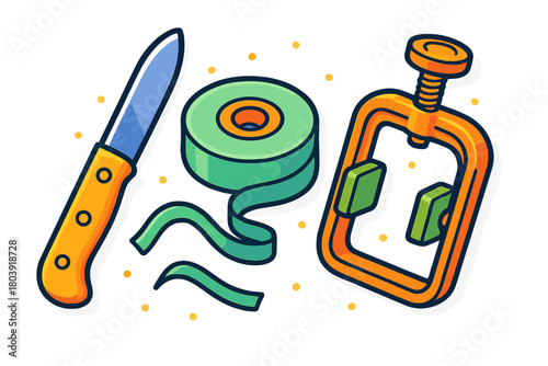 Utility knife, green adhesive tape roll, and orange C-clamp hardware set