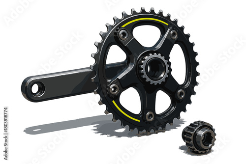 Detailed black bicycle crank arm and chainring assembly with gear component