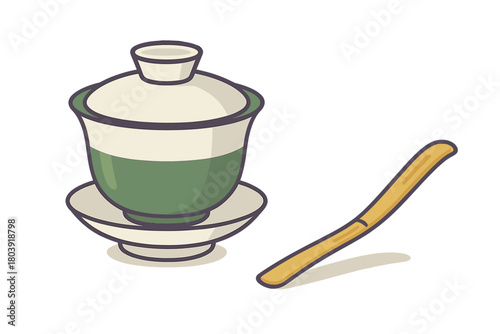 Traditional Chinese Gaiwan tea cup set with lid and saucer and bamboo scoop for preparing matcha green tea