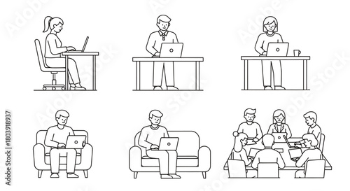 Diverse professionals collaborating and working remotely with laptops in various office and home settings.