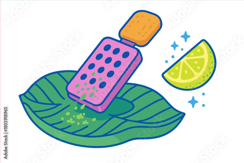 Colorful kitchen tool grating citrus zest from a lime wedge onto a vibrant green leaf